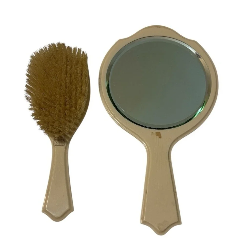 Vintage Beveled Vanity Mirror Hair Brush Set Ivory Art Deco Style